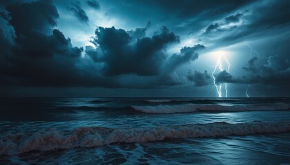 Dramatic ocean storm at night with lightning striking.