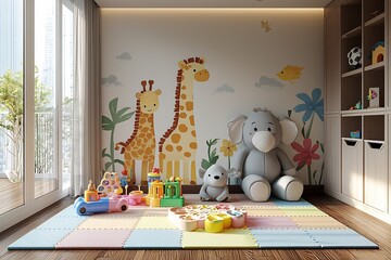 Vibrant and Playful Nursery Decor with Plush Toys and Cozy Furnishings