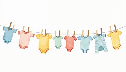 Colorful baby onesies hanging on a clothesline