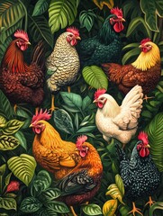 Colorful Chickens in Lush Tropical Foliage - A flock of vibrant chickens free-ranging amidst lush, green tropical plants.  Symbolizing freedom, nature, diversity, abundance, and beauty.