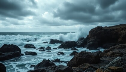Obraz premium Dramatic ocean waves crashing against dark rocks under a stormy sky.
