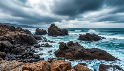 Obraz premium Dramatic ocean waves crashing against dark rocky coast under stormy sky.