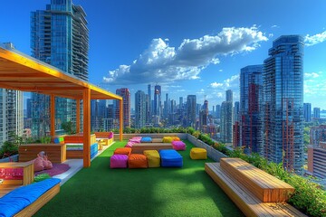Naklejka premium Vibrant Eco Friendly Rooftop Playground in Bustling City Skyline