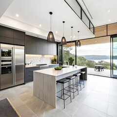 Modern Open-Plan Kitchen with Sleek Island, Black Cabinets, and Scenic Outdoor View