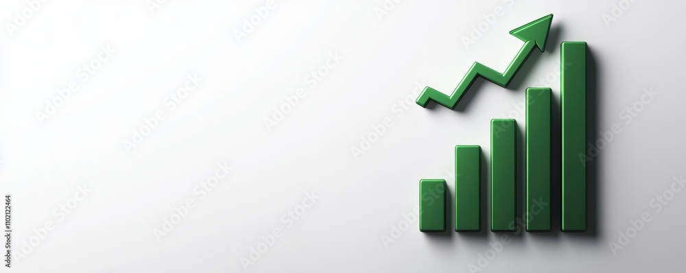 Poster green 3d bar chart with ascending bars and an upward arrow isolated on a white background symbolizin