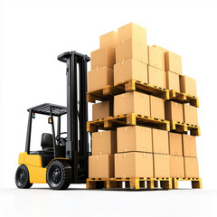 Black forklift carrying a large pallet of cardboard boxes clear and professional presentation for industrial shipping and storage visuals