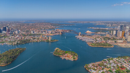 Fototapeta premium Aerial View of Sydney Harbour Balmain Darling harbour Sydney CBD cockle Bay Wharf North Sydney harbour bridge Lavender Bay Milsons Point Manly on a warm summer day blue skies 