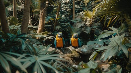 Two parrots are sitting on a rock in a jungle