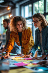 Fototapeta premium Diverse Collaborative Design Sprint: Female Creative Professionals Brainstorming Ideas with Sticky Notes in Minimalist Office Setting