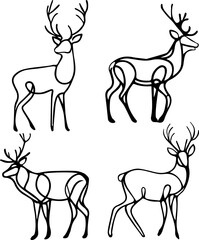  Set with deer drawn in one black line in vector. Deer silhouette