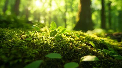Fototapeta premium Young green plant growing on mossy forest floor with sunlight