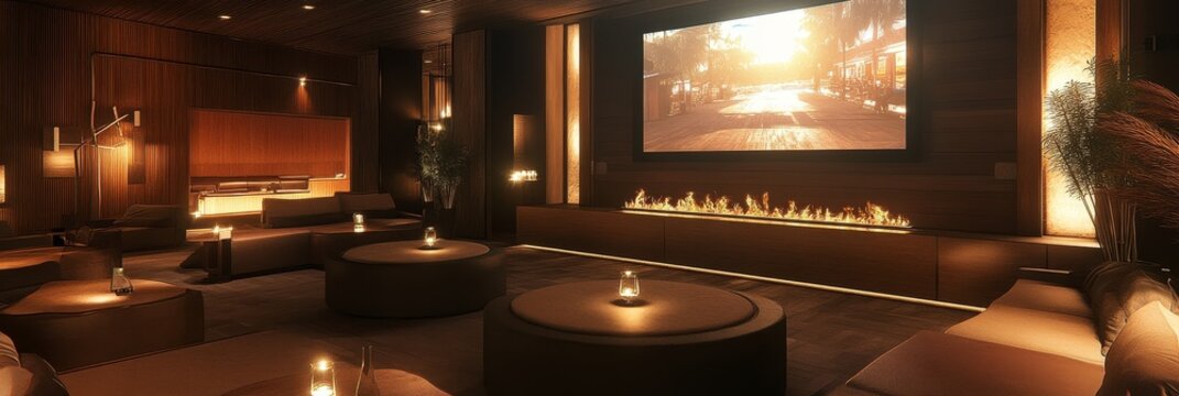 Cozy Modern Lounge with Fireplace and Screen - A relaxing modern lounge featuring a fireplace, large screen, comfortable seating, warm lighting, and stylish decor.  Relaxation, luxury, comfort, entert