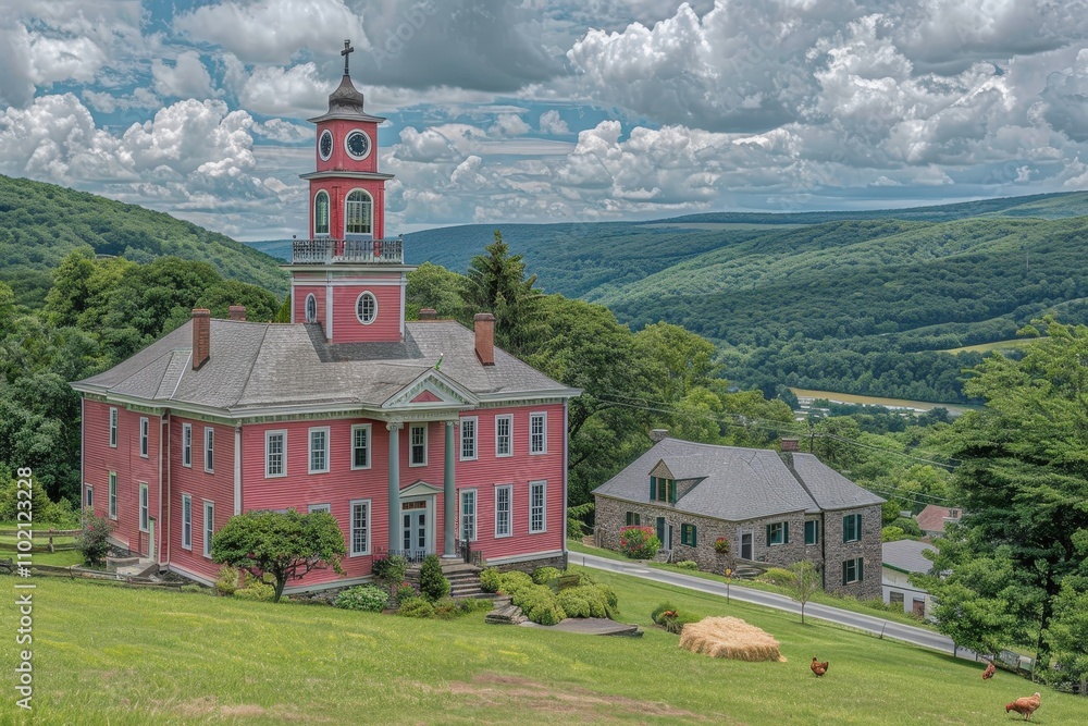 Poster a red building with a clock tower sits on a hillside