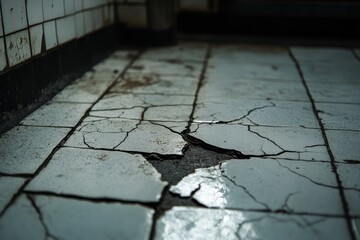 Cracked Station Floor Tiles - Close-up of severely cracked and aged tiles on a station floor, symbolizing neglect, decay, time, urban decay, and infrastructure issues.