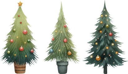 set with Christmas trees in watercolor style
