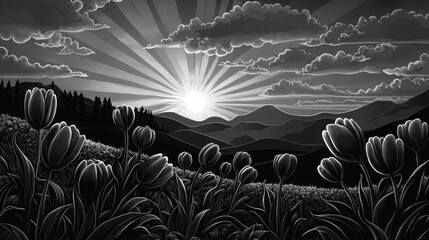 Obraz premium Elegant botanical illustration of tulips and stems detailed black-and-white engraving showcasing timeless floral charm and natural aesthetics