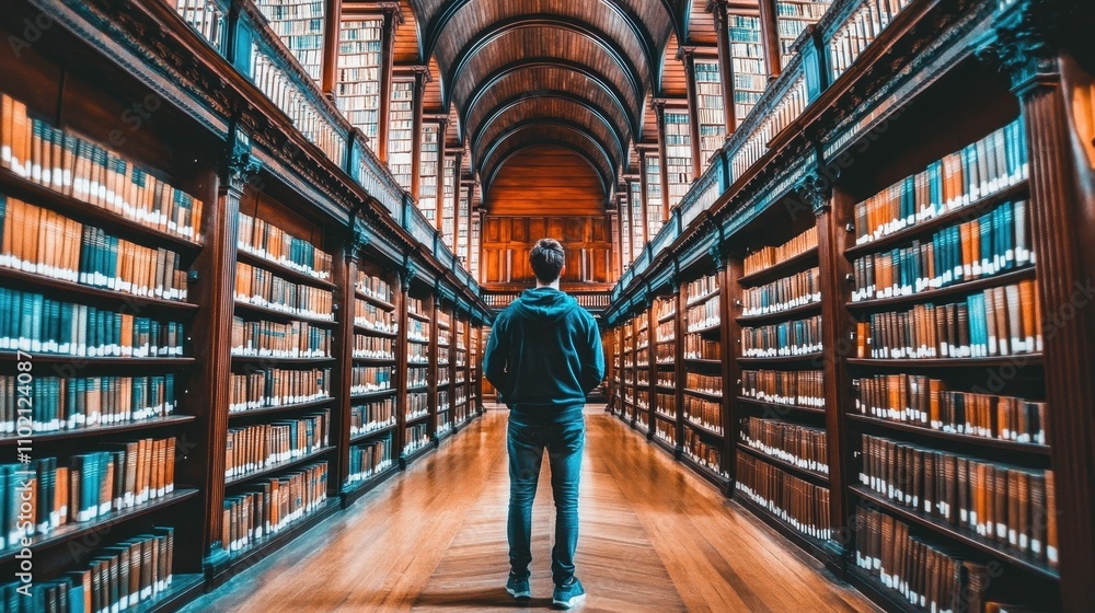 Poster vast and magnificent library filled with rows of books