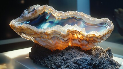 Fototapeta premium Stunning agate geode with crystal layers exhibiting vibrant colors in sunlight