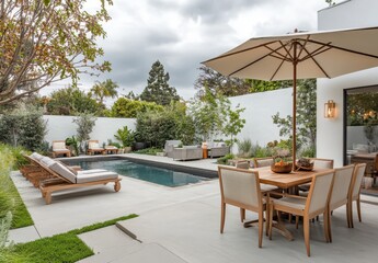 Luxurious Outdoor Space with Modern Pool, Stylish Lounge Chairs, and Dining Area Surrounded by Lush Greenery Under a Dramatic Sky