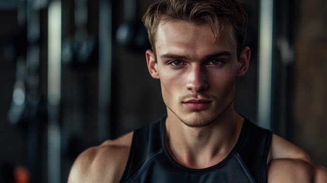 Portrait of a young Caucasian male athlete wearing a sports jersey looking straight into the camera with copy space and gym setting with equipment in the background