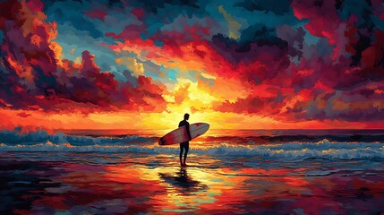 A silhouette of a surfer carrying a board along a black sand beach during a colorful sunset