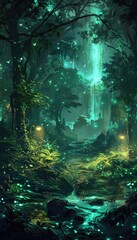 Enchanting Forest Path with Glowing Lights and Waterfall