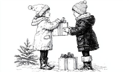 Engraved holiday illustration featuring two kids with a gift surrounded by snowy festive decor angel and classic Christmas details in black and white