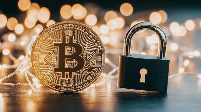 Bitcoin Security:  A golden Bitcoin coin rests beside a closed padlock, symbolizing the security and protection of digital assets.
