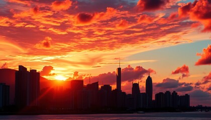 Fototapeta premium Fiery sunset over city skyline silhouettes.