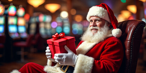 Santa Claus enjoys the festive atmosphere in a casino while holding a wrapped present during the...