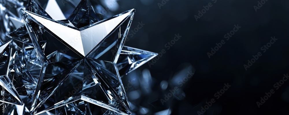 Poster faceted crystal star glowing warmly in a dark setting abstract blue swirls and light effects adding 