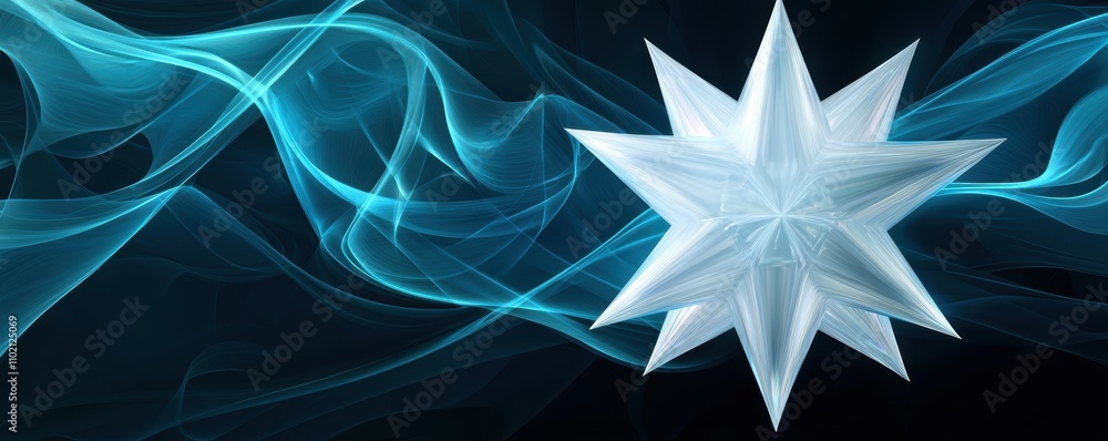 Poster faceted crystal star glowing warmly in a dark setting abstract blue swirls and light effects adding 