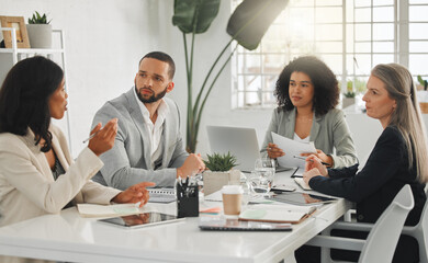 Office, collaboration and business people with discussion in meeting, planning and case review in...