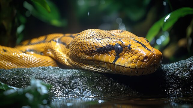 Golden python resting on rock in lush jungle environment
