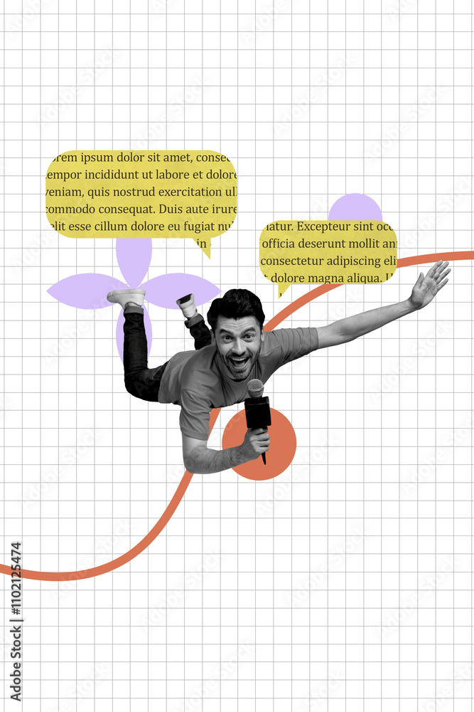 Aufkleber vertical collage image young man flight microphone journalist textbox message communication reportag