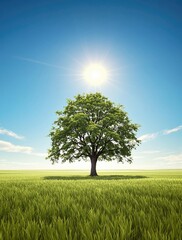 Fototapeta premium A lone tree standing tall in a vast open field under a bright sunny sky, freedom, sunlight, tree, landscape, open space