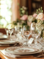 Elegant Dining Table Setting with Floral Decor - Beautifully set table, elegant glassware, floral centerpiece, fine china, romantic ambiance.  Perfect for wedding, event, or restaurant stock photo.