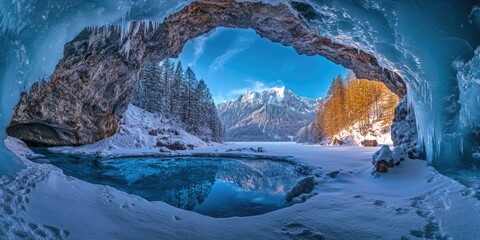 Frozen lake viewed from cave entrance