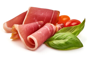 Delicious Serrano ham, cured jamon iberico, isolated on white background.