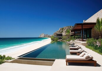 Fototapeta premium Serene Beachfront Villa with Stunning Ocean Views and Luxurious Pool Overlooking Sandy Shoreline in Cabo San Lucas, Mexico Under Bright Blue Sky