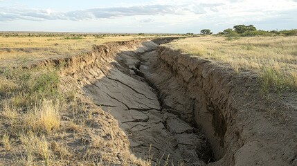 Cracks and gullies formed by soil erosion in a drought-affected area
