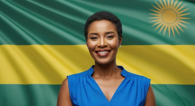 Celebratory portrait of a smiling woman against a waving rwandan flag