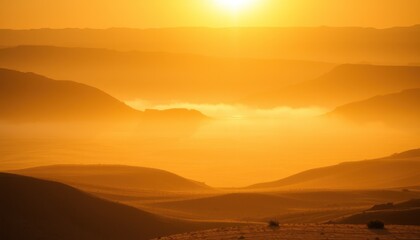 Obraz premium Golden sunrise over misty valley landscape.