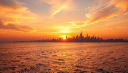 Naklejka premium Golden sunrise over a city skyline on the water