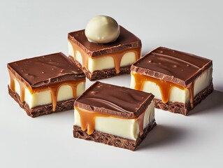 Decadent Chocolate Confections Close-up of Glossy Caramel Treats with Luxurious Flavors on White Surface - Gourmet Dessert Photography for Indulgence and Ads