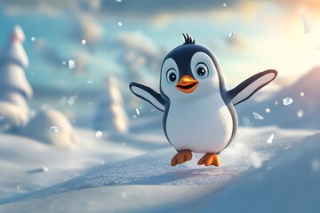 Cute Cartoon Penguin in Winter Wonderland