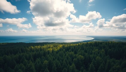 High angle view of a dense forest meeting a vast body of water under a partly cloudy sky.