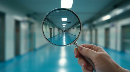 Detailed Investigation Hand Holding Magnifying Glass with Hallway Reflection - Closeup View of Scrutiny and Observation in Clinical Setting