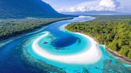 Aerial view of stunning tropical island with turquoise waters and lush greenery, featuring winding river and white sandy beach. boat is anchored near shore, enhancing serene atmosphere