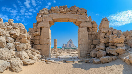 Ancient stone archway with intricate carvings stands amidst desert ruins, leading to distant rocky landscape under clear blue sky. scene evokes sense of mystery and history